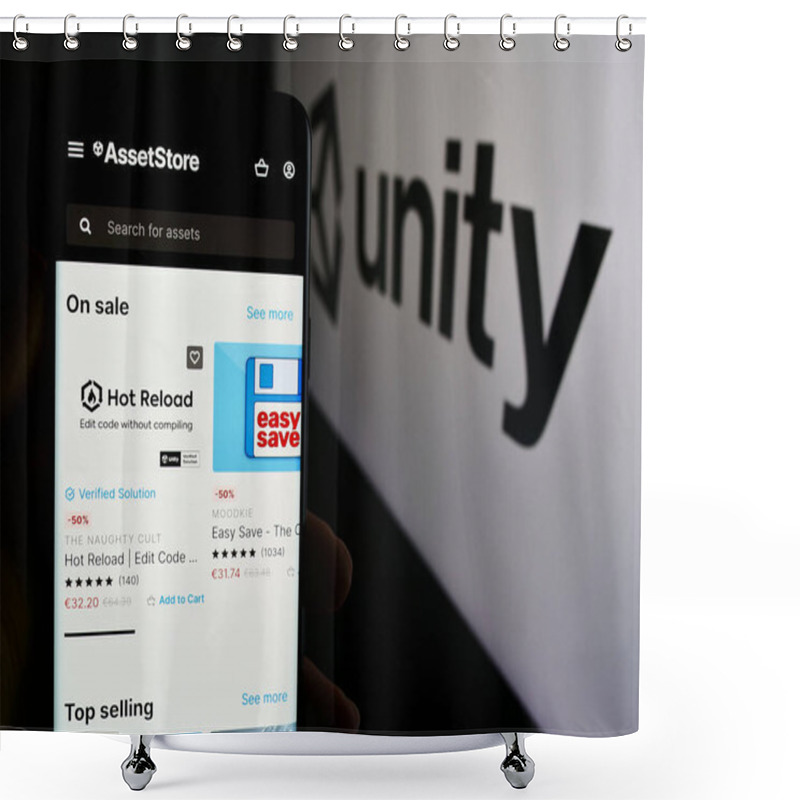 Personality  Stuttgart, Germany - 08-09-2024: Person Holding Cellphone With Webpage Of US Video Games Company Unity Software Inc. In Front Of Business Logo. Focus On Center Of Phone Display. Shower Curtains