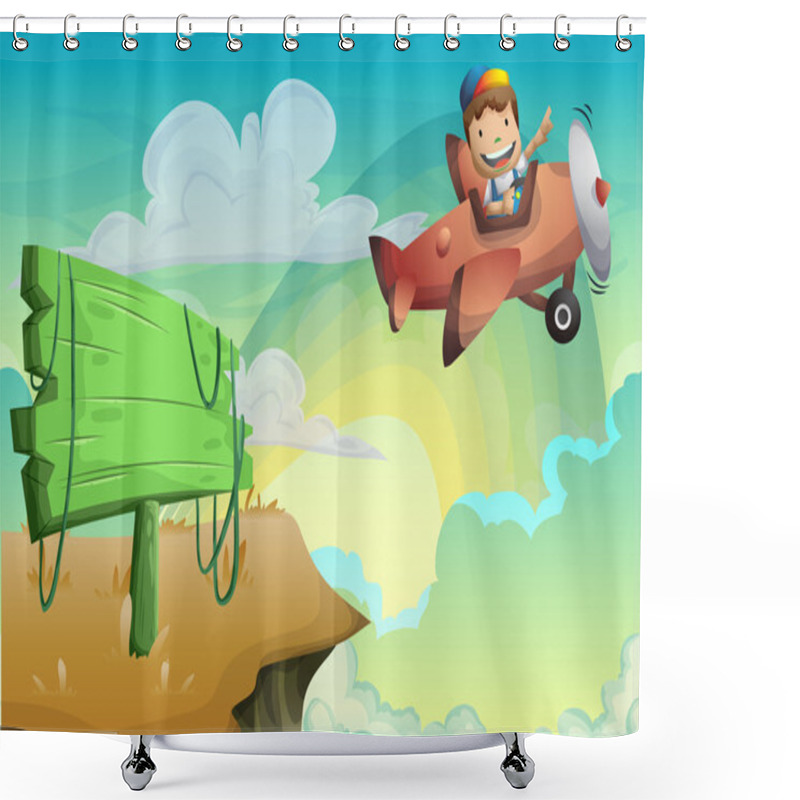 Personality  Cartoon Vector Kid On A Plane Background With Separated Layers Shower Curtains