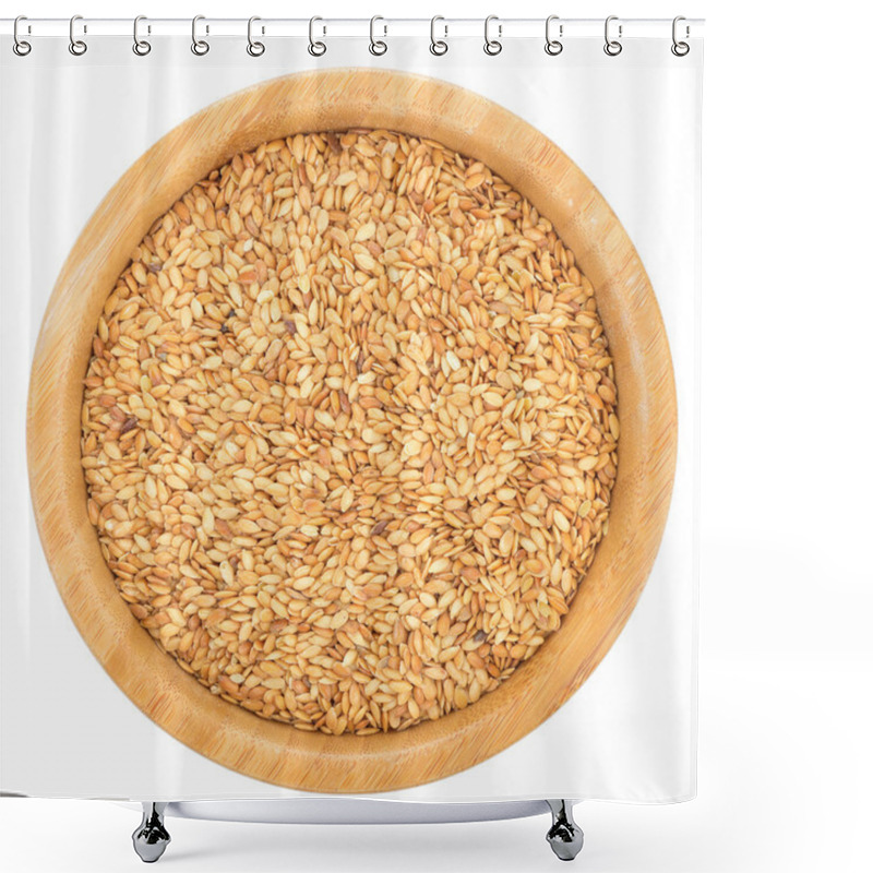 Personality  Golden Flax Seeds In Wooden Bowl Isolated. Shower Curtains