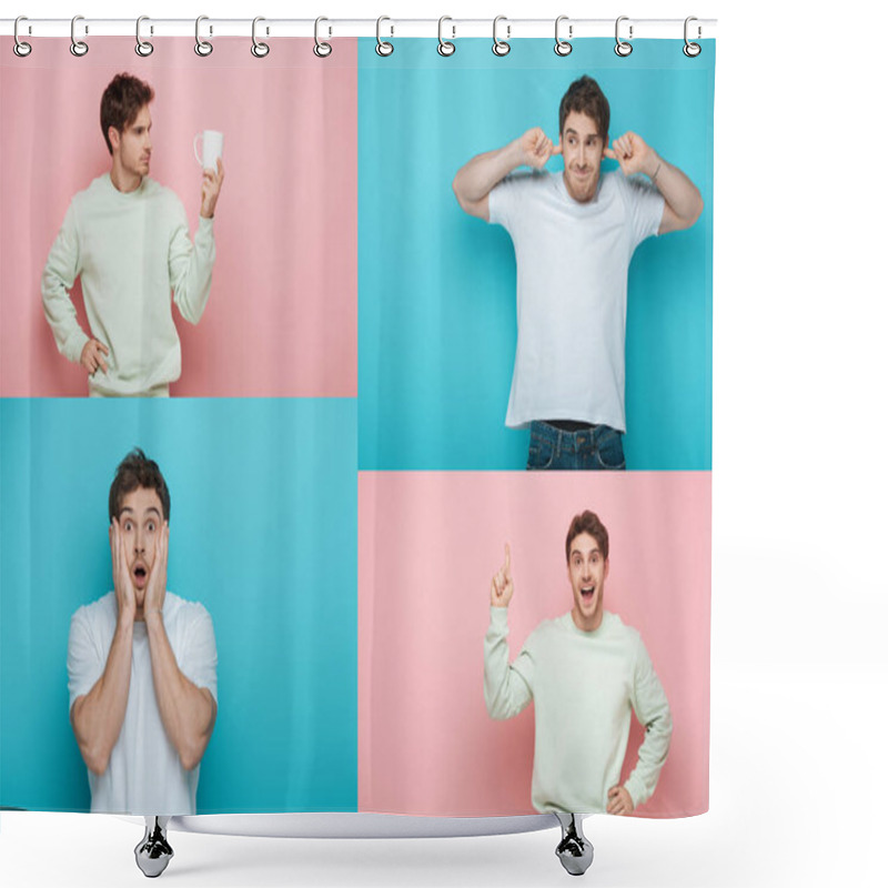 Personality  Collage Of Young Man Holding Cup, Plugging Ears With Fingers, Touching Face, And Showing Idea Gesture On Pink And Blue Background Shower Curtains