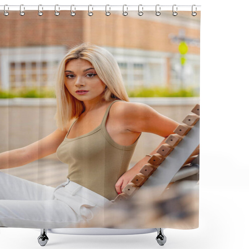 Personality  A Beautiful Young Woman Strolls Through Her Quaint Small Town, Basking In The Warmth Of Spring. Surrounded By Blooming Flowers And Fresh Air, She Radiates Joy, Enjoying The Peaceful Solitude. Shower Curtains