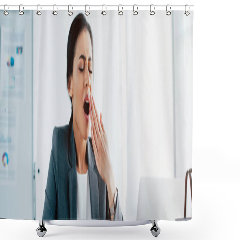 Personality  Panoramic Shot Of Tired Latin Businesswoman Yawning With Closed Eyes In Office Shower Curtains