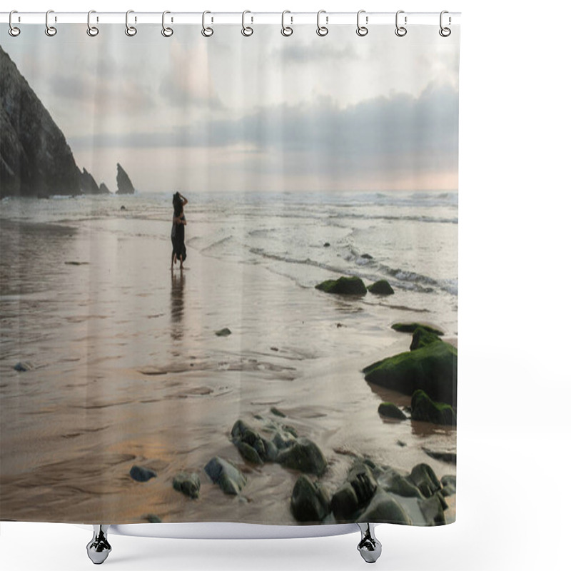 Personality  Back View Of Man And Woman Hugging While Standing In Ocean Water  Shower Curtains