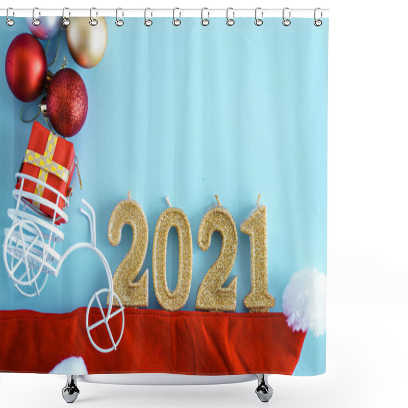 Personality  Xmas, Winter, New Year Concept - Blue Christmas Background With Red Gold And White Tree Toys, Santa Hat, 2021 Number Candles And Toy Bicycle With Gift In Trunk. Flatly, Top View, Overhead. Copy Space Shower Curtains