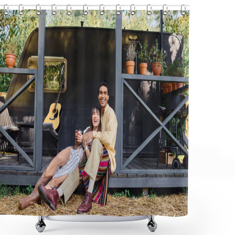 Personality  An Interracial Couple Sits On The Ground In Front Of A Trailer, Enjoying A Romantic Getaway In A Serene Natural Environment. Shower Curtains