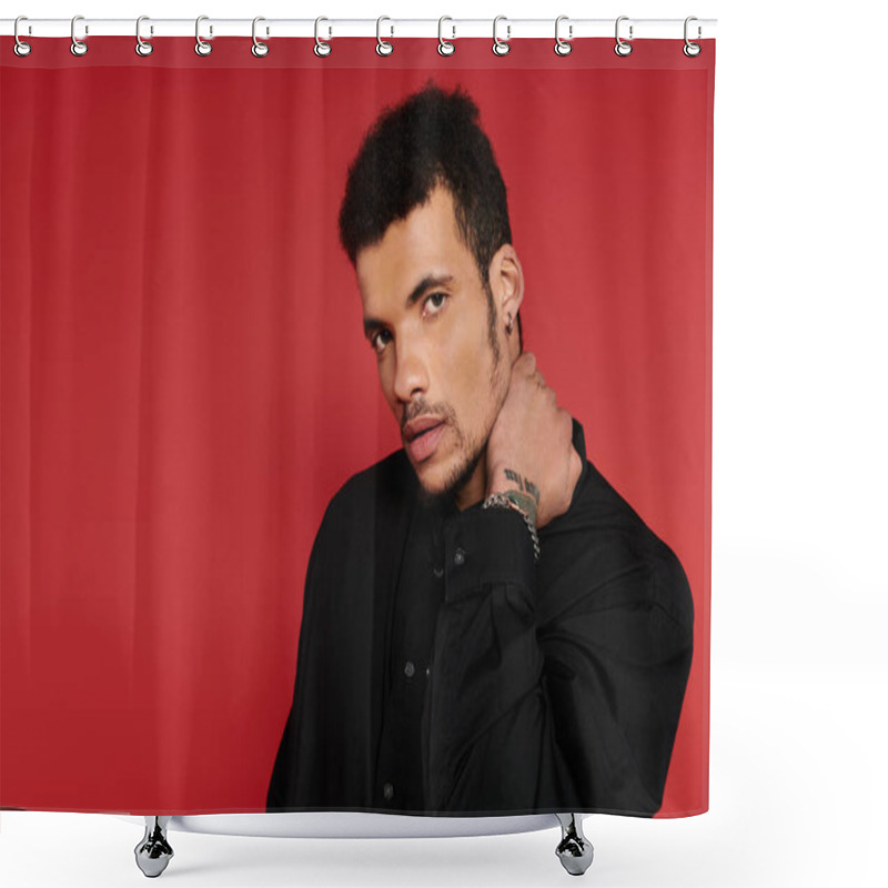 Personality  A Handsome Young Man Stands With A Stylish Demeanor In Front Of A Bright Red Background. Shower Curtains