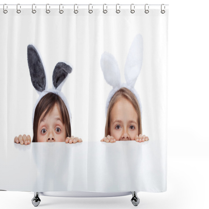 Personality  Kids With Bunny Ears Peeking From Beneath The Table Shower Curtains