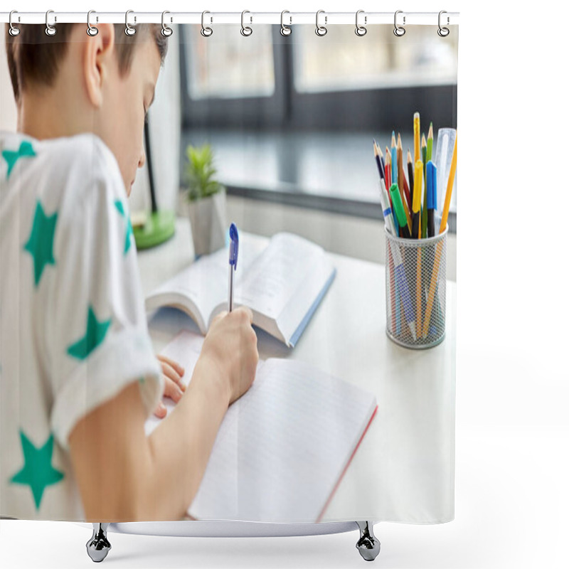 Personality  Close Up Of Boy Writing To Notebook At Home Shower Curtains