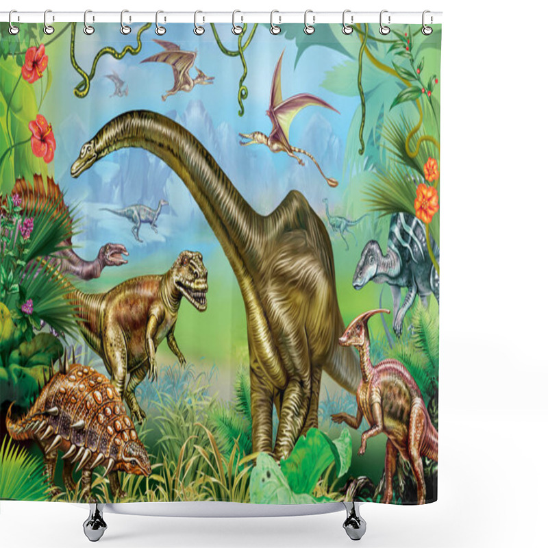 Personality  Ancient World Of Dinosaurs, Giant Dinosaurs Of Mesozoic, Jurassic And Cretaceous, Poster With Tropical And Mountain Landscape, Illustration For Encyclopedia Shower Curtains