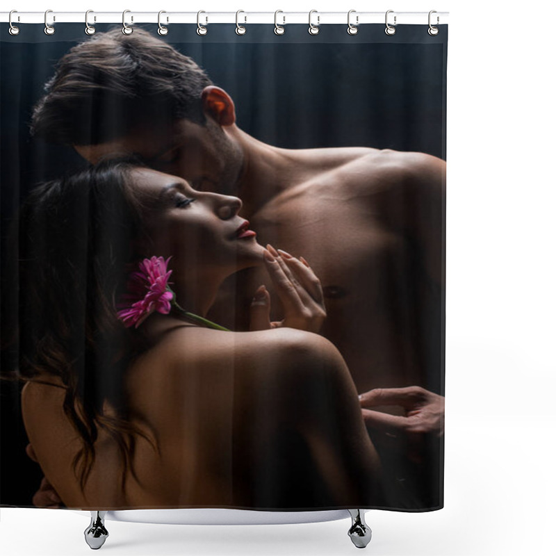 Personality  Muscular Man Hugging Beautiful Naked Girlfriend With Gerbera Isolated On Black  Shower Curtains