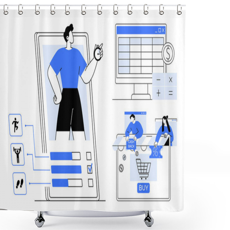 Personality  Person Interacting With Fitness Tracking App, Financial Calculations On Desktop, And Online Shopping. Ideal For Health, Finance, E-commerce, Digital Habits, Technology, Mobile Apps Consumer Shower Curtains