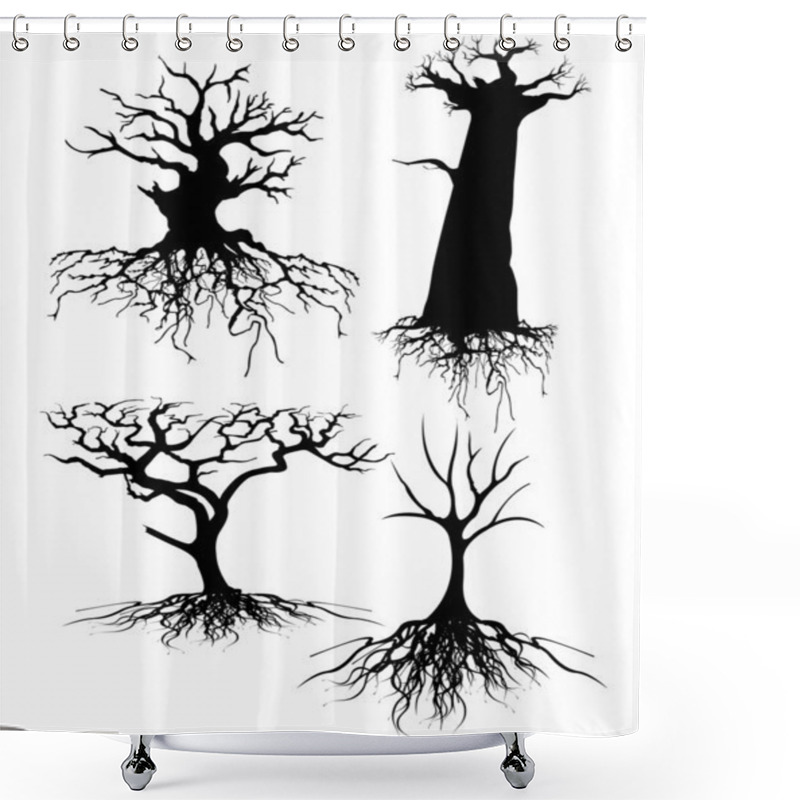 Personality  Four Different Old Tree Silhouettes With Roots Shower Curtains