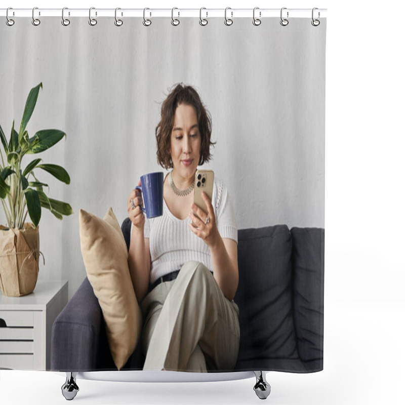 Personality  A Young Woman Enjoys Her Coffee While Browsing On Her Phone In A Stylish Living Space. Shower Curtains