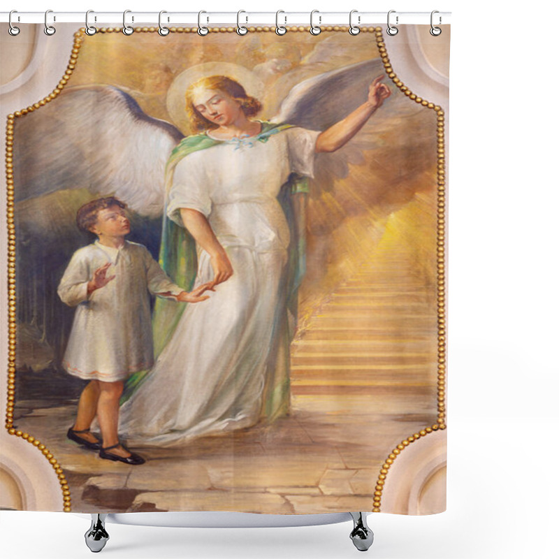 Personality  COMO, ITALY - MAY 9, 2015: The Fresco Of Guaridian Angel In Church Chiesa Di San Andrea Apostolo (Brunate) Of By T. Conconi (1936). Shower Curtains