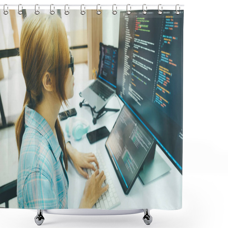 Personality  Programmer Is Coding And Programming Software. Business Woman Working On Computer In The Office. Shower Curtains