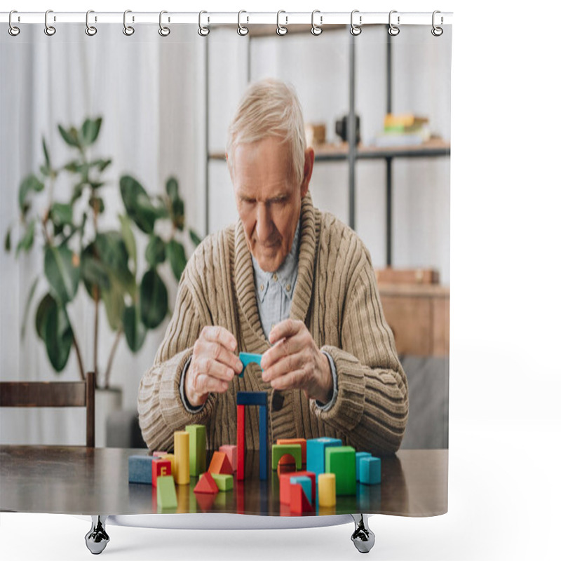 Personality  Senior Man Playing With Wooden Shapes At Home Shower Curtains