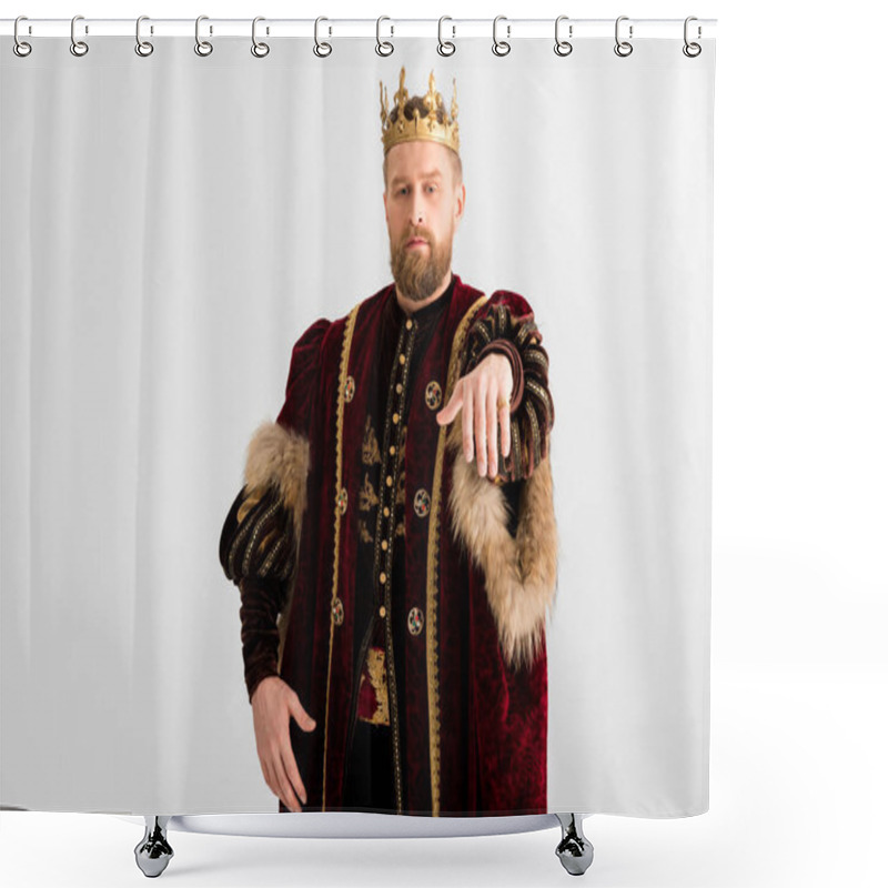 Personality  Handsome King With Crown Showing Hand Isolated On Grey Shower Curtains