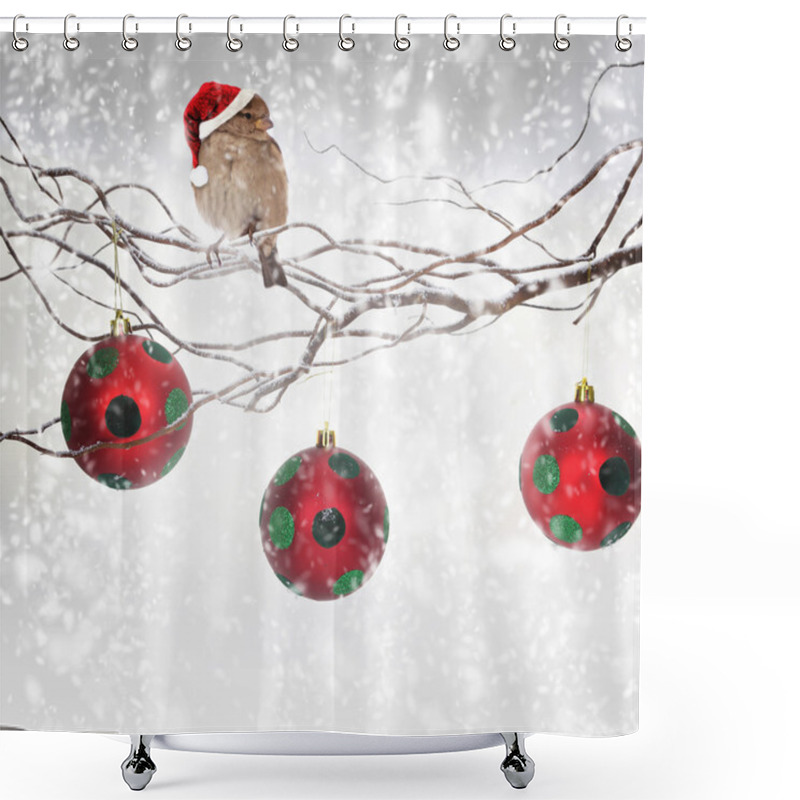 Personality  Christmas Balls And Sparrow Bird With Santa Claus Hat On Snowy Branch Shower Curtains