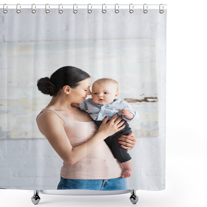 Personality  Smiling Mother Holding In Arms Barefoot Infant Boy In Baby Clothing  Shower Curtains