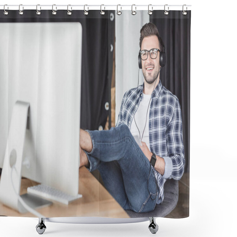 Personality  Smiling Young Man In Headphones And Eyeglasses Looking At Desktop Computer Shower Curtains