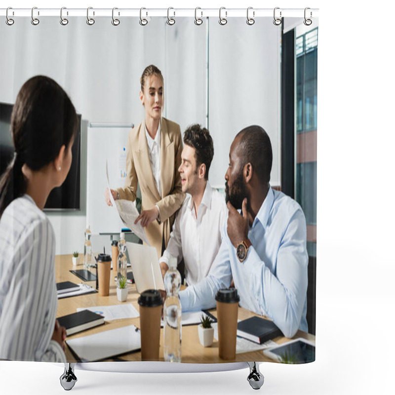 Personality  Businesswoman Pointing At Newspaper Near Amazed Multiethnic Colleagues Shower Curtains