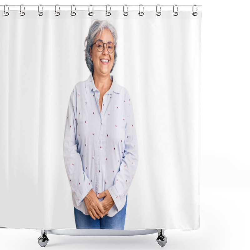 Personality  Senior Woman With Gray Hair Wearing Casual Business Clothes And Glasses Looking Positive And Happy Standing And Smiling With A Confident Smile Showing Teeth  Shower Curtains