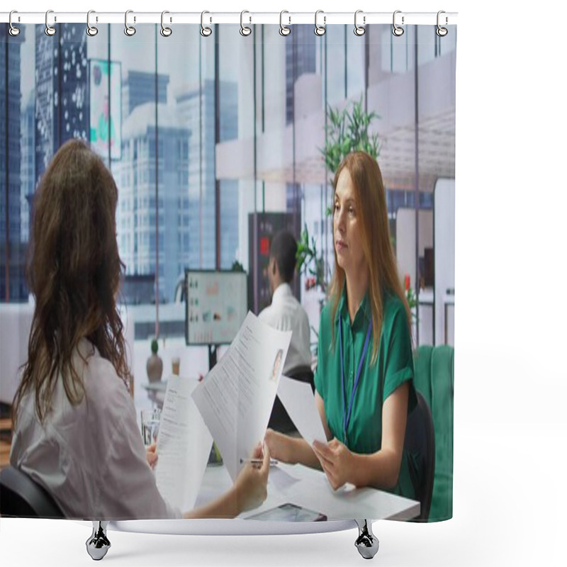 Personality  Human Resources Staff Evaluating Candidates Resume In The Selection Process, Reviewing All Applicants After Job Interview In Order To Hire The Right Person. Recruiters Seeking Personnel. Camera B. Shower Curtains