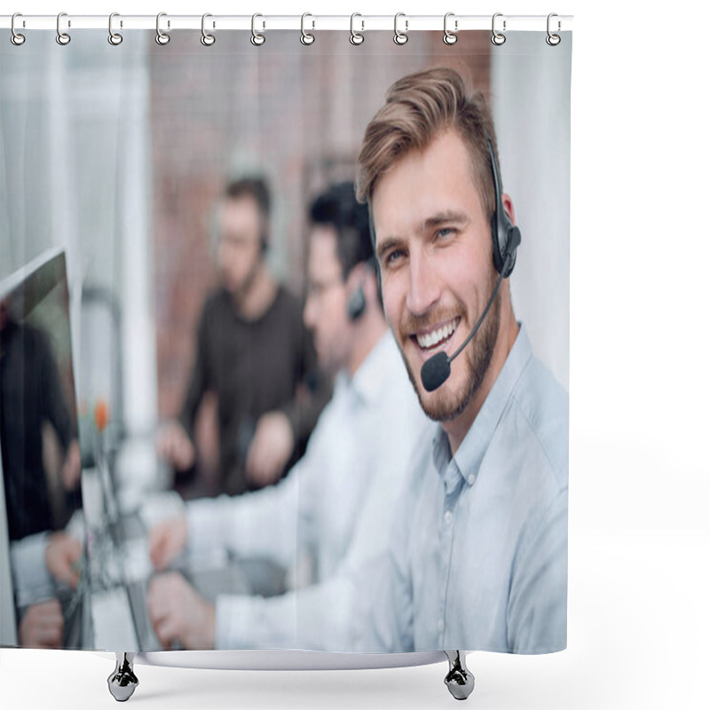 Personality  Smiling Business Center Staff Sitting At The Desk Shower Curtains