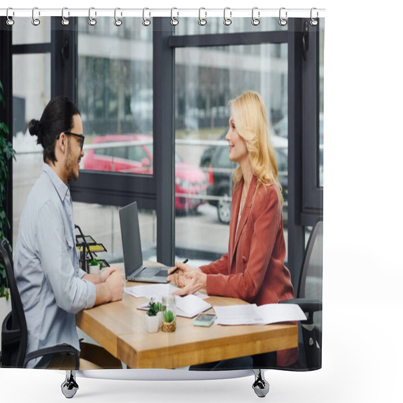 Personality  Man And Woman Engaging In Discussion At A Desk In An Office Setting. Shower Curtains