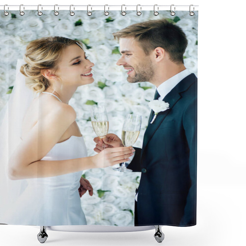 Personality  Attractive Bride And Handsome Bridegroom Smiling And Clinking With Champagne Glasses Shower Curtains