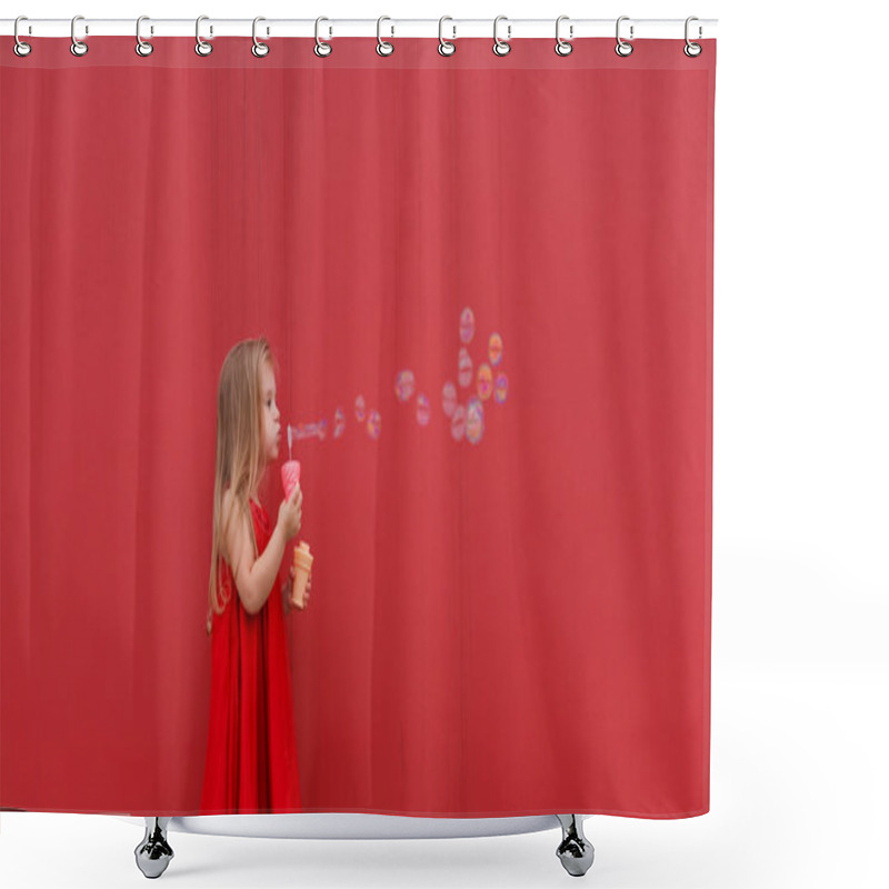 Personality  Blond Girl Child In Red Dress On A Background Of The  Wall Blows Bubbles. Shower Curtains