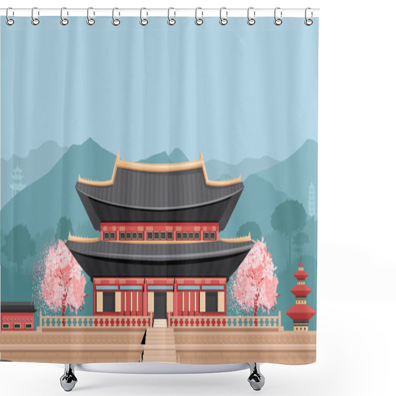 Personality  Korean Temple With Mountains Shower Curtains