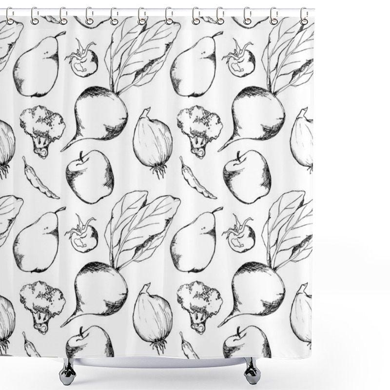 Personality  Vegetable Fruit Monochrome Ink Hand Drawn Seamless Pattern Texture Background Shower Curtains