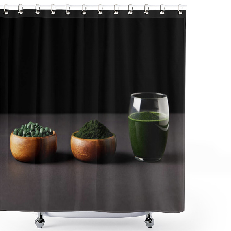 Personality  Glass Of Spirulina Smoothie, Bowls With Spirulina Powder And Spirulina Pills On Black Background Shower Curtains