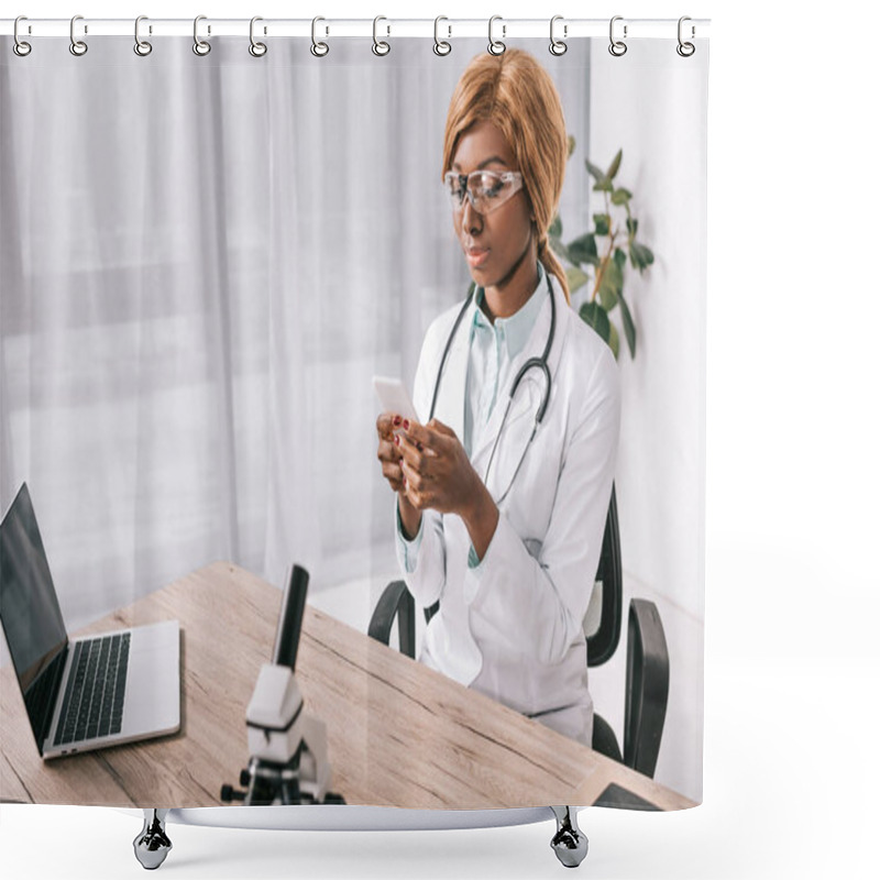 Personality  Attractive African American Scientist  Sitting In Goggles And Using Smartphone In Laboratory Shower Curtains