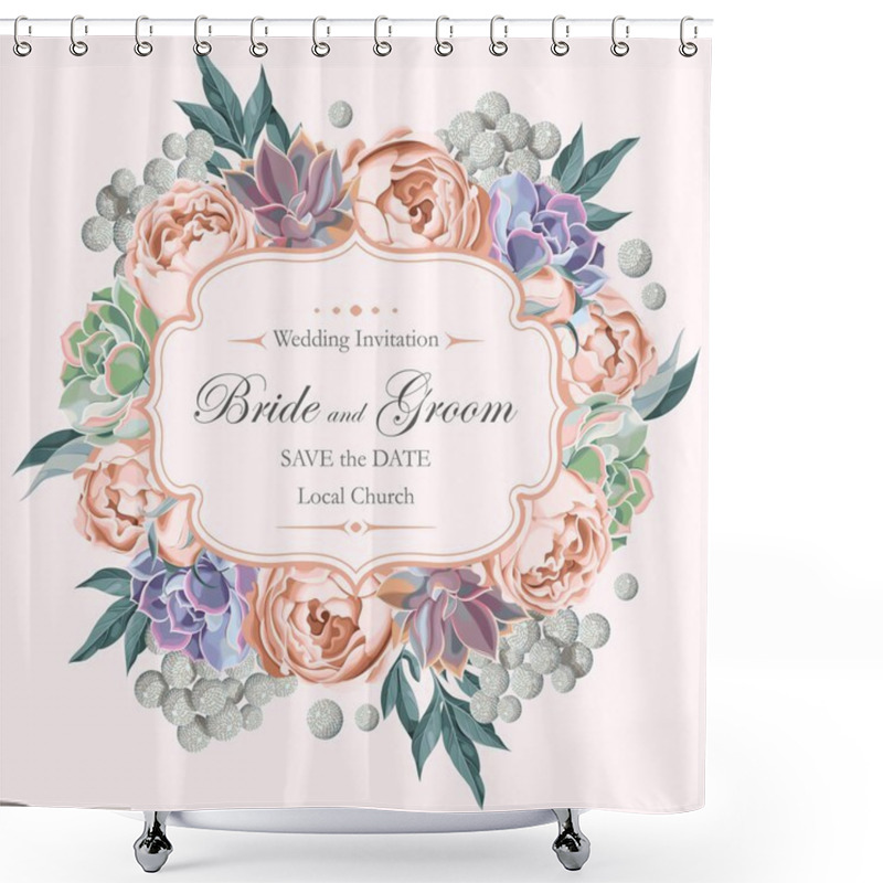 Personality  Wedding Invitation With Peony Roses And Succulents Shower Curtains