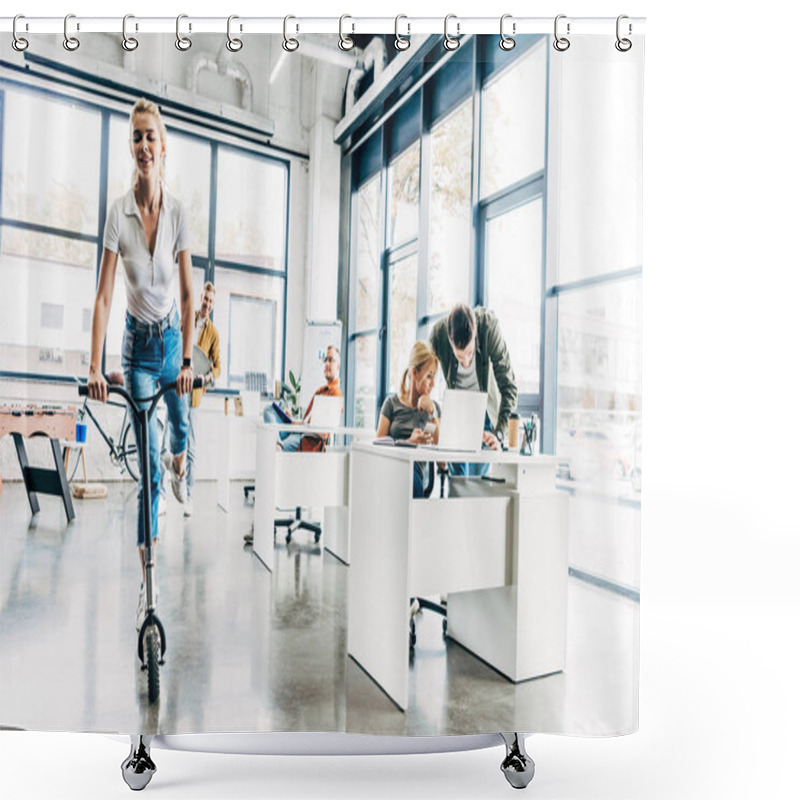 Personality  Beautiful Young Woman Riding Scooter At Modern Open Space Office Shower Curtains