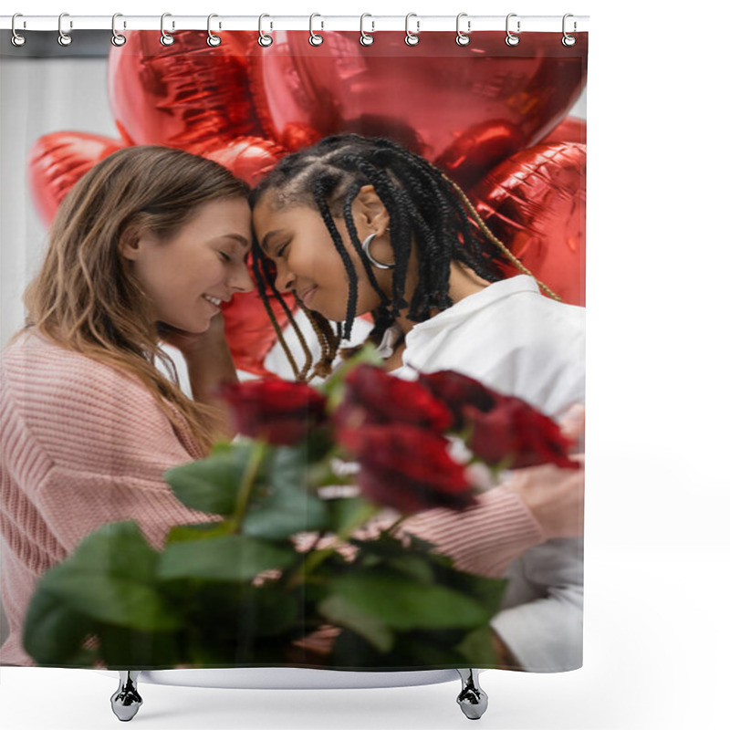 Personality  Interracial Lesbian Women With Closed Eyes Near Red Roses And Balloons On Valentines Day  Shower Curtains