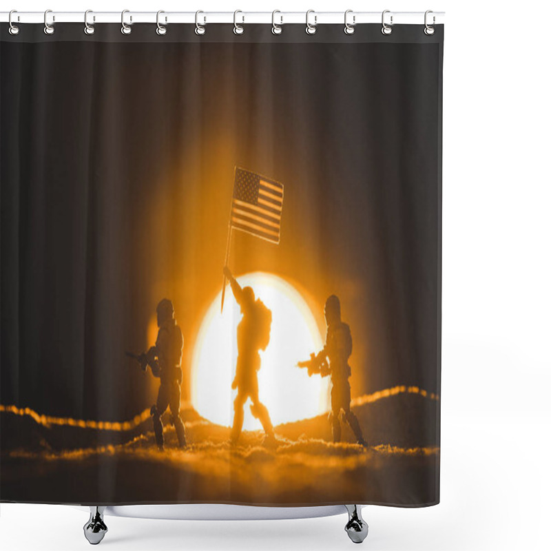 Personality  Selective Focus Of Toy Soldiers Silhouettes With Guns And American Flag Walking On Planet With Sun On Background Shower Curtains