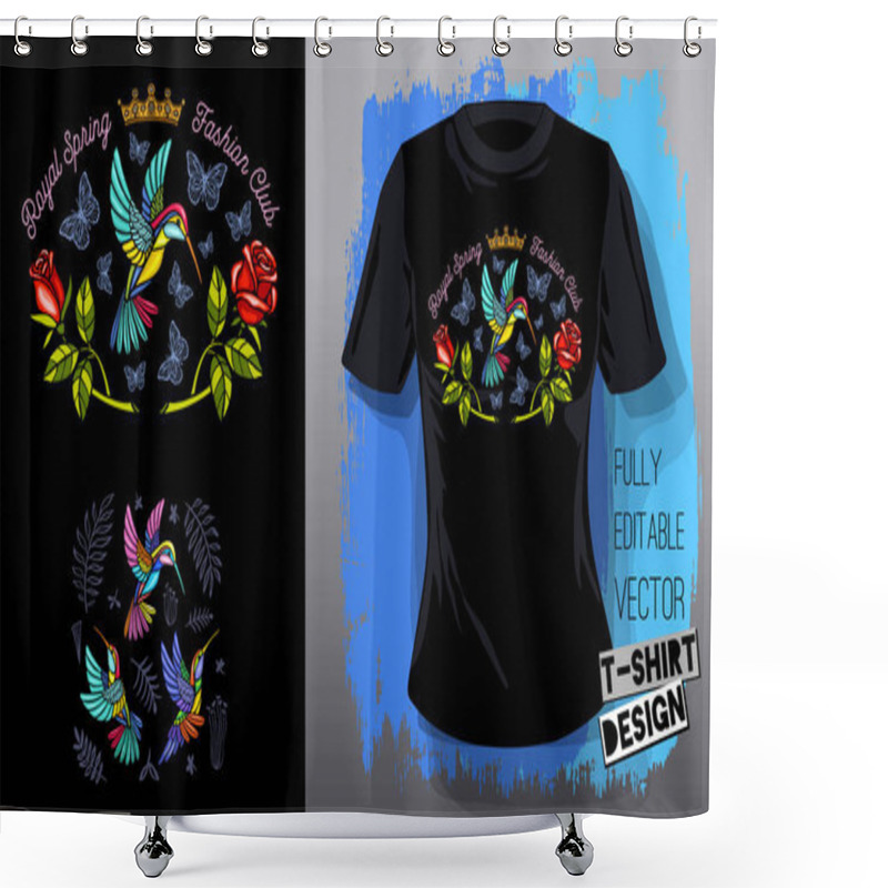 Personality  Hummingbirds Flowers, Leaves, Birds, Golden Embroidery Queen Crown Textile Fabrics T Shirt Design Lettering Gold Wings Insect Luxury Fashion Embroidered Style Hand Drawn Vector Illustration Shower Curtains