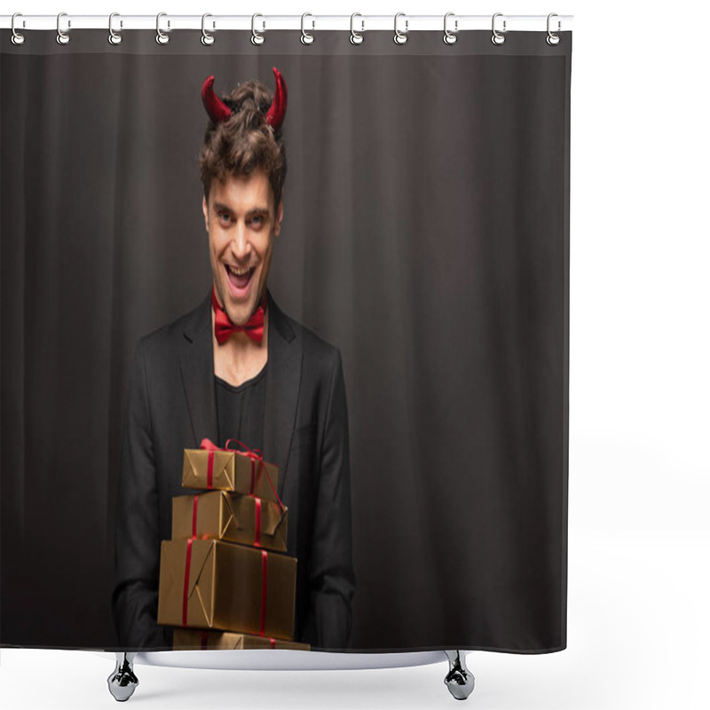 Personality  Cheerful Man In Devil Costume On Halloween Holding Presents On Black Shower Curtains