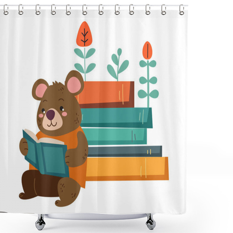 Personality  Forest Animal Bear Characters Reading Book Concept. Vector Flat Graphic Design Illustration Shower Curtains