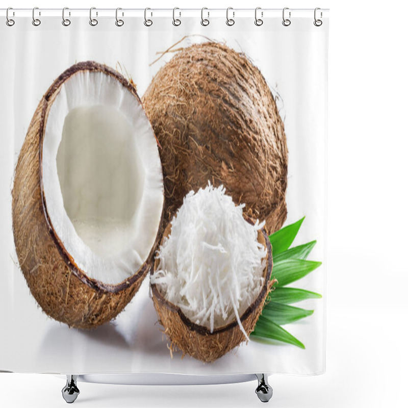 Personality  Coconut Milk In Cracked Coconut Fruit And Coconut Shreds On White Background. Shower Curtains