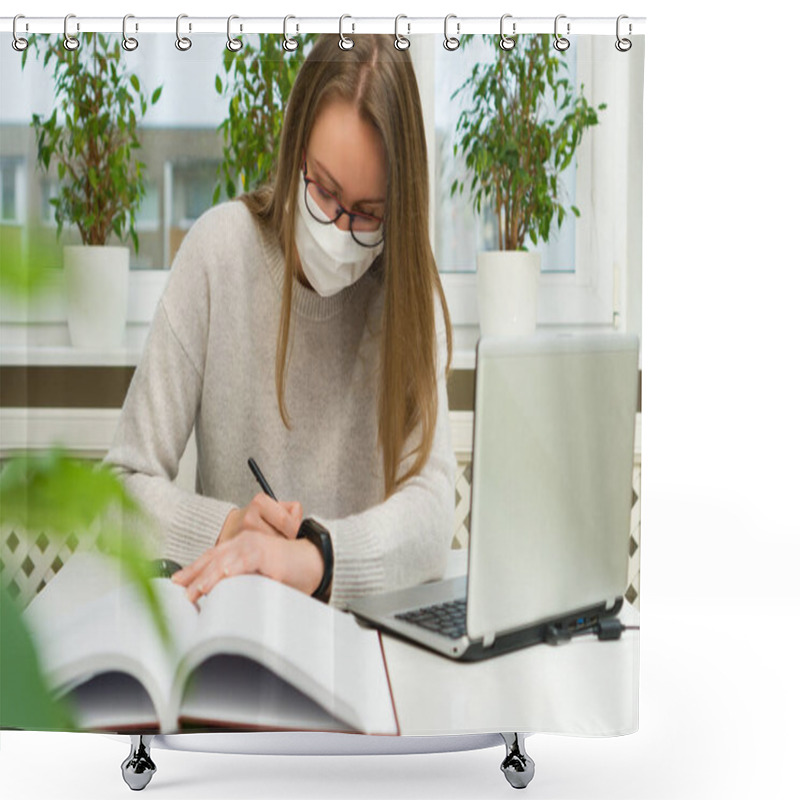 Personality  Woman In Glasses And Mask Works From Home. Quarantine Concept. Shower Curtains