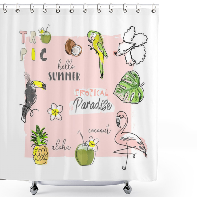 Personality  Cute Tropical Cartoon Doodle Hand Drawn Illustration With Different Summer Trendy Prints Of Wild Animals And Exotic Plants Shower Curtains