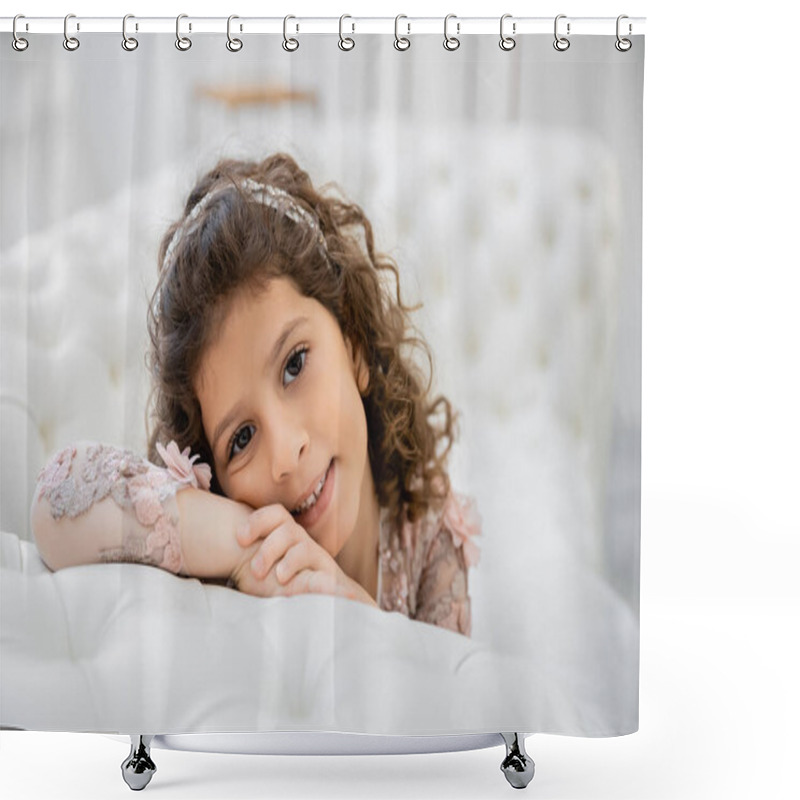 Personality  Portrait Of Positive Middle Eastern Girl With Brunette Curly Hair Posing In Floral Dress And Leaning On White Couch Inside Of Luxurious Wedding Salon, Smiling Kid, Blurred Background  Shower Curtains