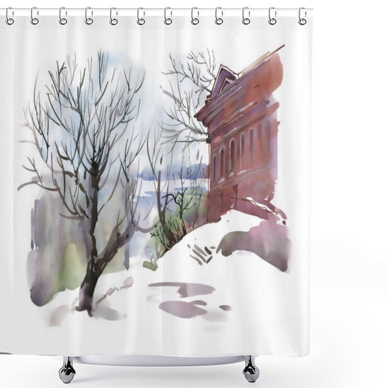 Personality  Building And Trees Near The River Shower Curtains