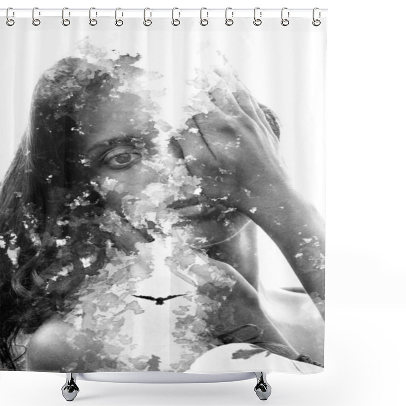 Personality  Paintography. Double Exposure Portrait Of A Young Beautiful Woma Shower Curtains