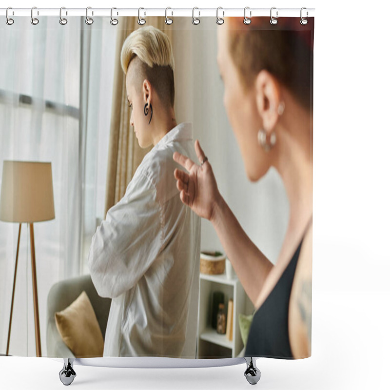 Personality  Two Women With Short Hair Standing In A Living Room, Showcasing Misunderstanding And Conflict Shower Curtains