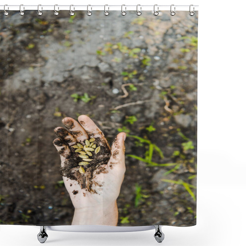 Personality  Cropped Image Of Farmer Holding Cardamom Seeds With Soil In Hand Shower Curtains